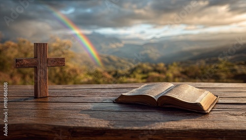 A weathered wooden cross and an open aged Bible rest side by side on a rustic wooden table, with a vivid rainbow arching over misty mountains and dramatic storm clouds in the background.