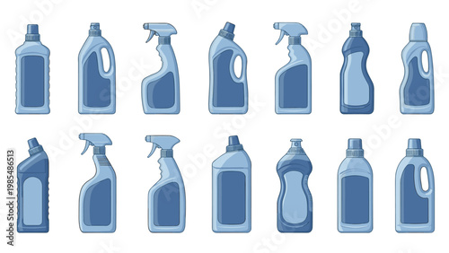 Collection of blue plastic bottles in various shapes is used for household cleaning supplies, laundry detergents, and chemical products.