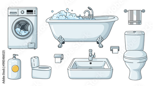 Set of bathroom fixtures and appliances includes a classic bathtub with foam, a modern washing machine, and various ceramic items.