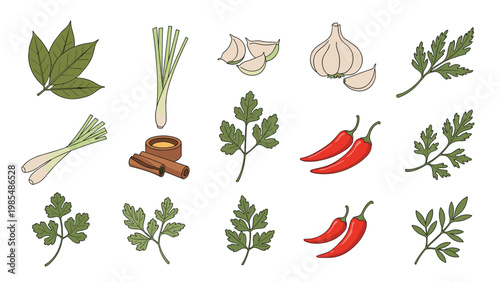 Collection of fresh herbs and spices including garlic, chili peppers, cinnamon, and parsley is used for cooking and seasoning meals.
