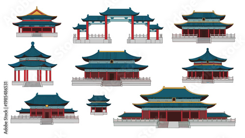 Traditional Chinese architectural elements feature various temple designs, ceremonial gates, and pavilions with red columns and blue roofs.