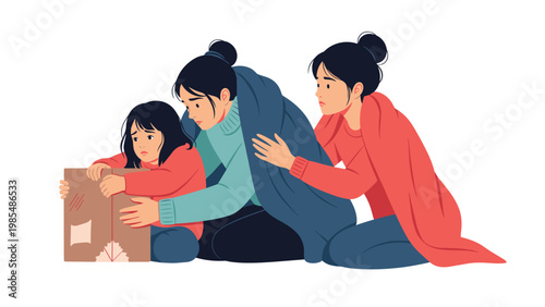 Group of displaced women and a frightened child huddle together for warmth and safety under thick blankets during a difficult crisis.