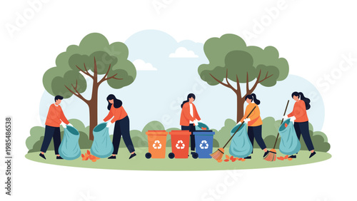 Group of volunteers works together in a park to clean up trash, sweep fallen leaves, and sort waste into colorful recycling bins.