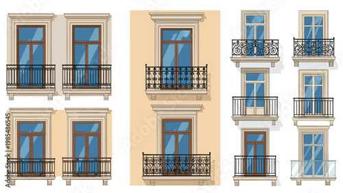 Architectural illustrations show beautiful window designs with balconies, wrought iron railings, and stone frames on neutral backgrounds.