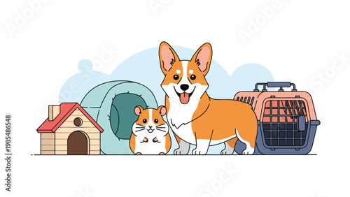 Small domestic pets like a corgi dog and a hamster are shown with their essential home accessories like a bed and travel carrier.