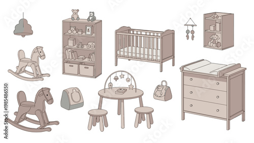 Baby nursery furniture set includes a wooden crib, changing table with drawers, rocking horses, and shelving for toys and books.