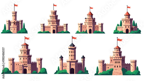 Collection of medieval stone castles features various designs with tall towers, defensive walls, red flags, and green surroundings.