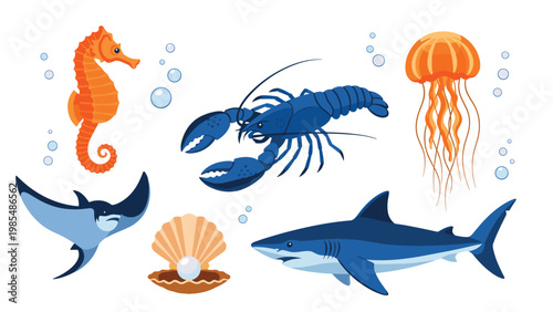 Underwater marine life collection features a powerful shark, blue lobster, orange seahorse, jellyfish, and a graceful stingray.