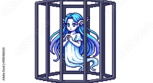 Captive ethereal spirit with flowing blue hair in a cage.