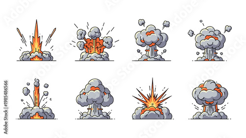 Set of powerful explosion illustrations shows various shapes of fire and thick smoke clouds with flying debris and bright light.