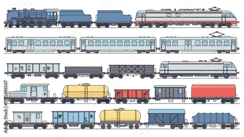 Extensive collection of train engines and railcars includes steam locomotives, modern electric trains, cargo wagons, and fuel tanks.