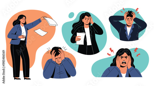 Collection of diverse people experiencing stress, anger, and anxiety during various work and life situations illustrated in a flat vector style.