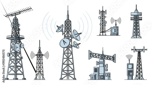 Variety of telecommunication towers and radio masts with antennas and satellite dishes for global signal transmission in a vector style.