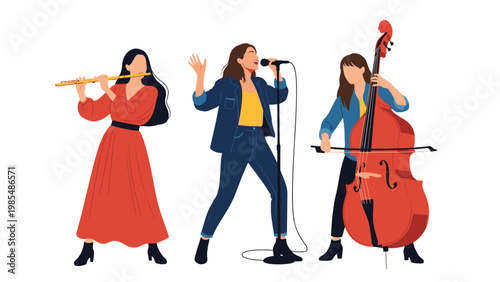 Musical female trio performing with a flute, microphone for singing, and a double bass on a white background in a clean flat illustration style.