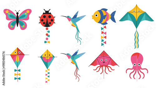 Group of colorful kites designed in shapes of animals and objects like butterflies and fish for fun outdoor activities and hobbies in summer.
