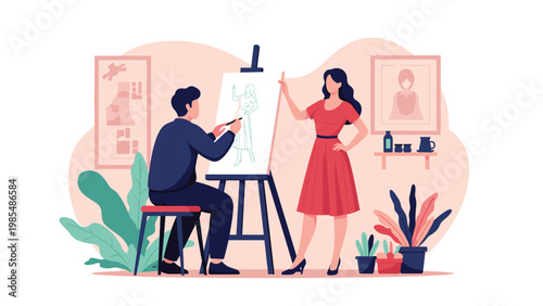 Creative artist in his studio painting a portrait of a female model wearing a red dress as part of an art workshop or educational class scene.