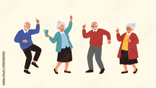 Joyful group of senior citizens dancing and celebrating with coffee to promote active aging and healthy lifestyles in a flat vector illustration.