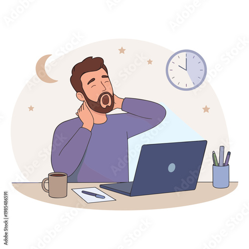 Man yawns at desk with laptop and coffee