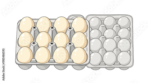 Pair of egg cartons containing a dozen and a half dozen fresh eggs shown in a detailed vector illustration for grocery and farm food concepts.