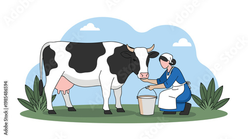 Female farmer kneeling in a green pasture to milk a black and white cow into a bucket for a traditional rural agriculture and dairy theme.