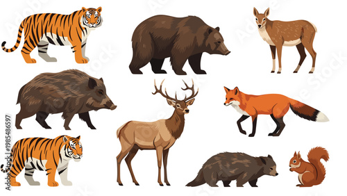 Diverse collection of wild animals including tigers, bears, deer, and foxes illustrated in a flat vector style for nature and wildlife education.