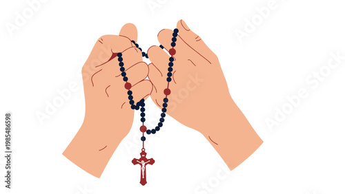 Hands holding a dark beaded religious rosary with a silver crucifix during a moment of spiritual prayer or meditation in a flat design style.