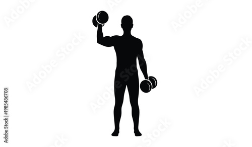 A stark black silhouette depicts a muscular man lifting dumbbells in a fitness exercise showcasing strength and determination silhouette high quality professional detailed modern