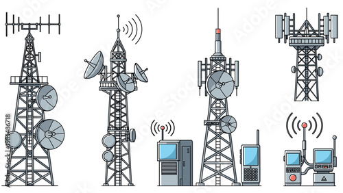 Collection of telecommunication towers and radio antennas including satellite dishes and signal transmission equipment.