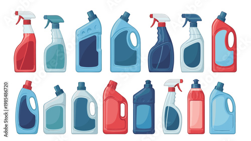 Assortment of household cleaning product bottles, sprays, and liquid detergent containers in various colors and designs.