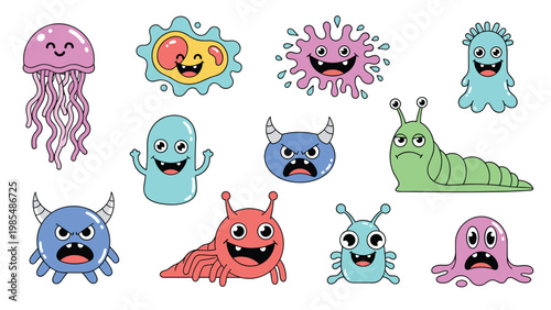 Large collection of colorful and quirky cartoon monsters and microbes with various funny expressions on a white background.