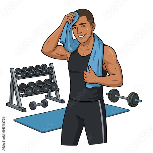 Man wipes sweat with towel after exercising with dumbbells on gym mat