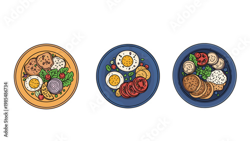 Three healthy breakfast bowls featuring ingredients like fried eggs, bread, tomatoes, and fresh greens on colorful plates.
