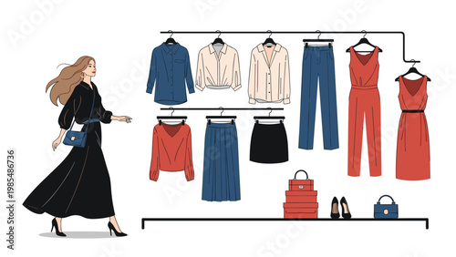 Fashionably dressed woman walking past a clothing rack filled with shirts, skirts, and accessories in a boutique store.