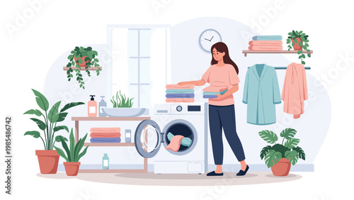Young woman organizing clean laundry next to a washing machine in a bright room decorated with many indoor houseplants.
