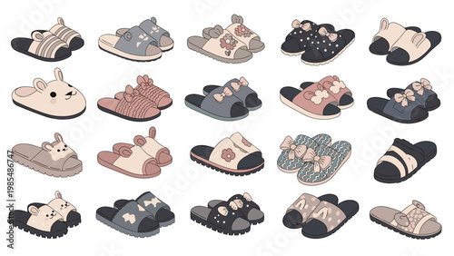 Grid of various comfortable indoor slippers and house shoes with animal faces, bow decorations, and different patterns.