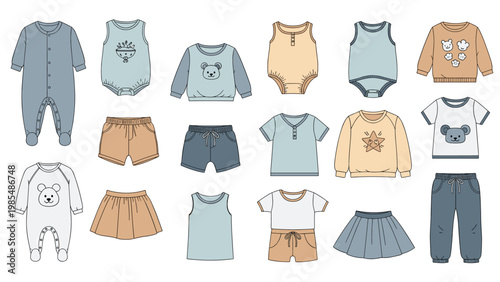Extensive collection of baby and toddler clothing items including onesies, shirts, and skirts in soft pastel colors.