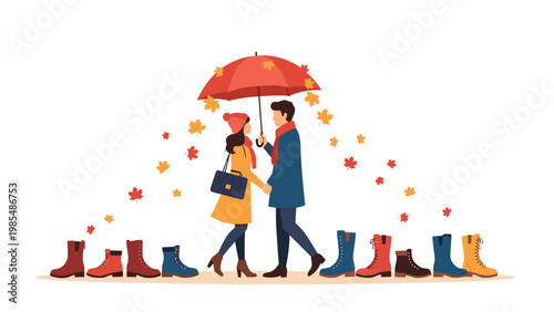 Romantic couple walking under a red umbrella in autumn surrounded by falling leaves and a line of colorful rain boots.