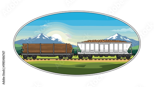 Freight train carrying a heavy load of logs and bulk cargo through a scenic landscape with mountains and trees in an oval.