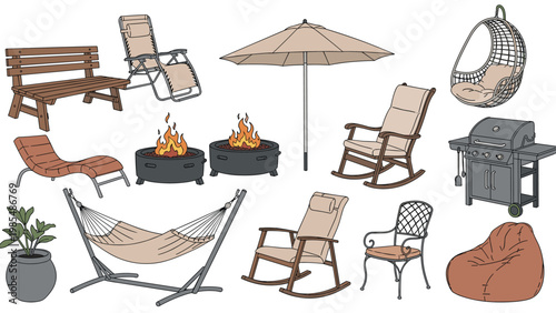 Set of various outdoor patio furniture items including a bench, rocking chairs, a hammock, a grill, and a sun umbrella.