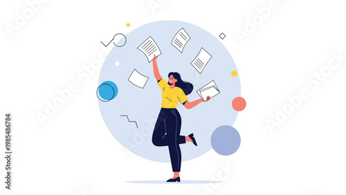 Happy woman celebrating a success by throwing papers in the air with a joyful expression against a creative background.