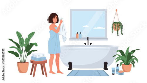 Woman in a bathroom setting wrapped in a towel and drying her face with a soft cloth near a bathtub and houseplants.