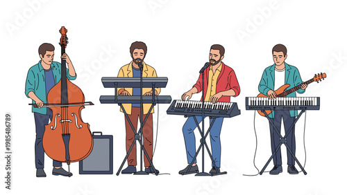 Four-piece musical band performance featuring a double bass, electric guitar, and two keyboardists on a white background.