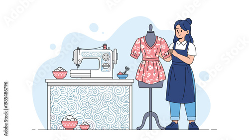 Seamstress working in a creative studio with a sewing machine, a mannequin wearing a dress, and various sewing supplies.