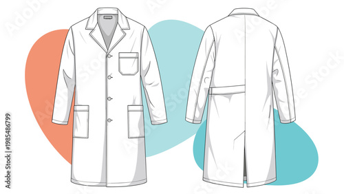 Technical drawing of a professional white lab coat shown from both front and back views with detailed pocket placement.