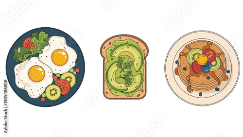 Delicious breakfast options include fried eggs with salad, creamy avocado toast, and stacked pancakes with fresh berries.