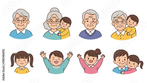 Heartwarming icons of family generations show grandparents, parents, and children sharing moments of love and joy.