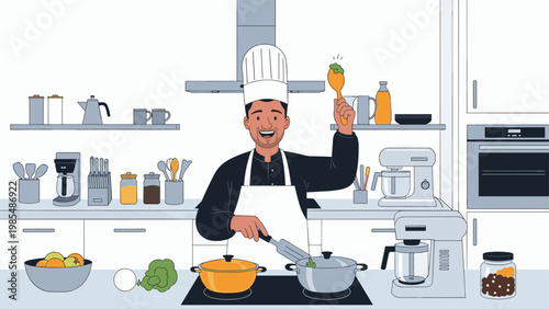 Professional chef in a tall white hat happily prepares a gourmet meal in a kitchen with modern appliances and tools.