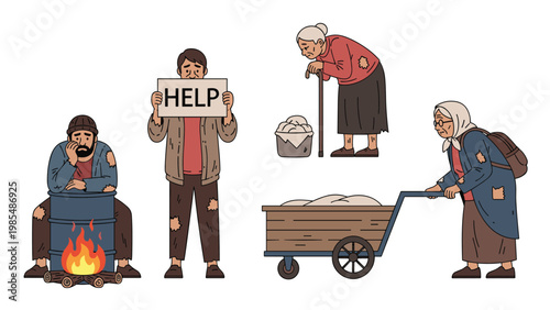 Sad scenes of poverty and homelessness show people in tattered clothes struggling to survive in a cold environment.