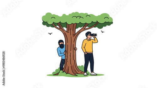 Suspicious man in a mask hides behind a tree while watching another person using binoculars in a green forest.