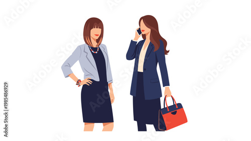 Two elegant businesswomen stand together during a busy workday while one discusses terms on her mobile phone.